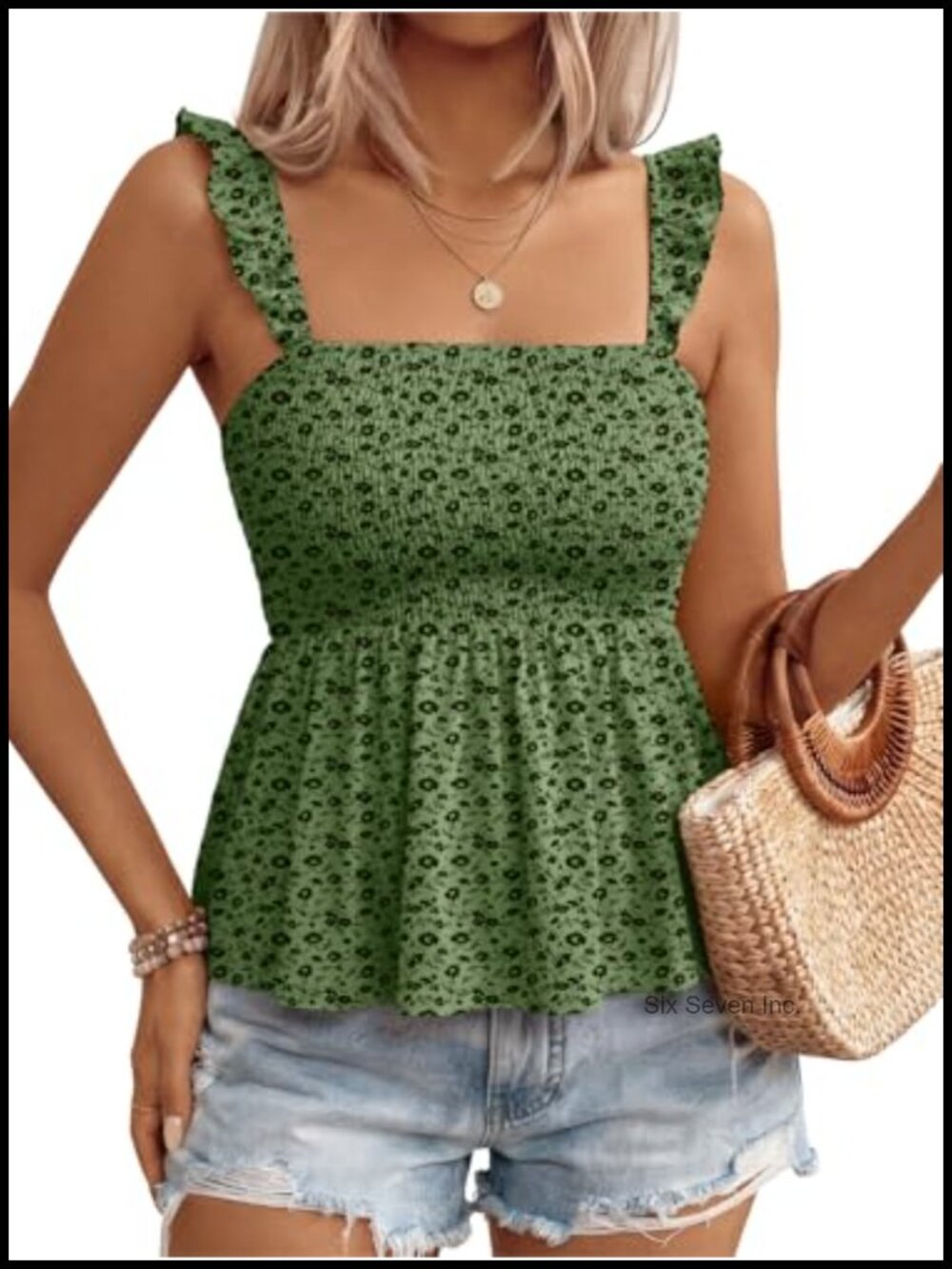 Floral Smocked Babydoll Tank Top Square Neck Peplum Summer Top